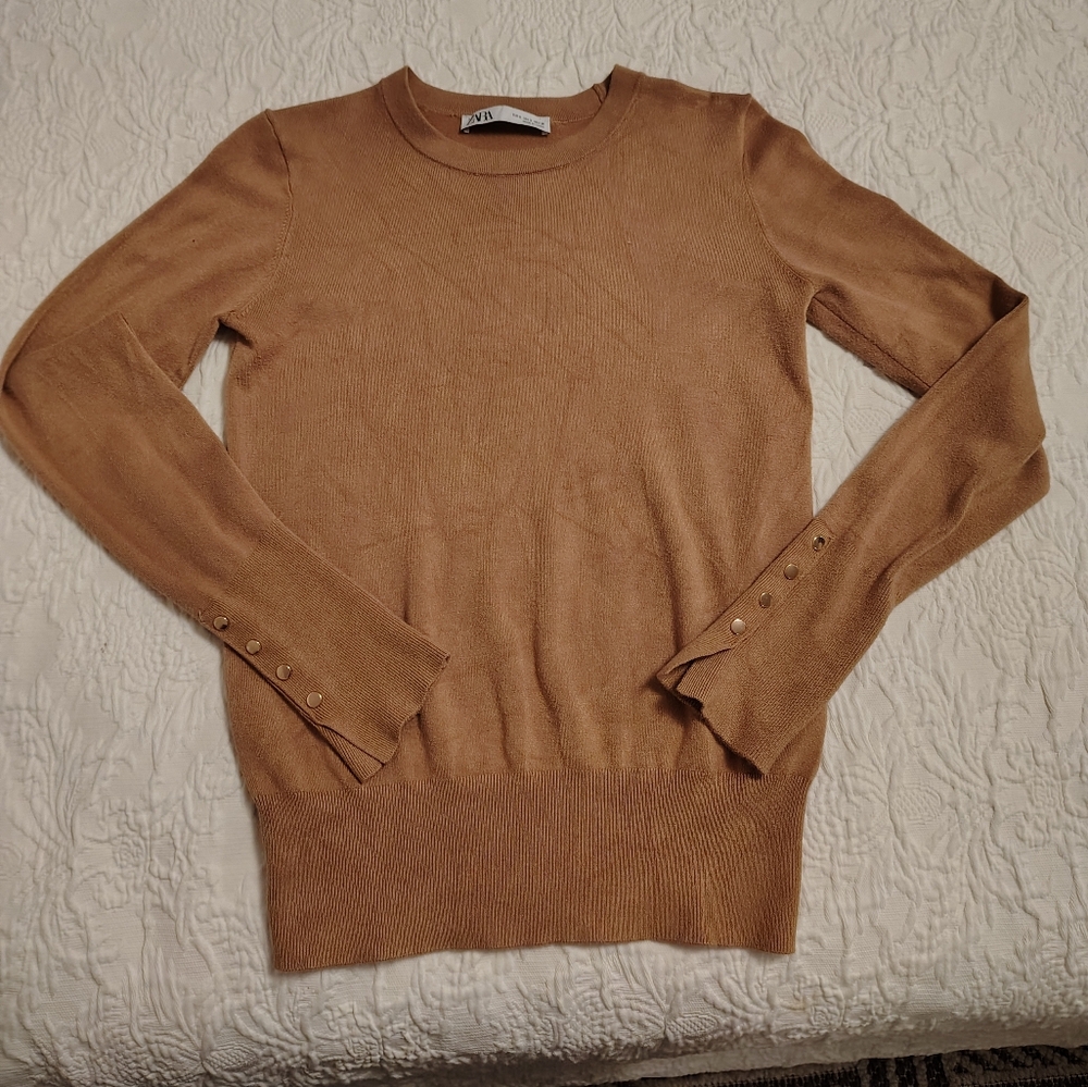 Zara Tan Crewneck Sweater with Button Cuffs